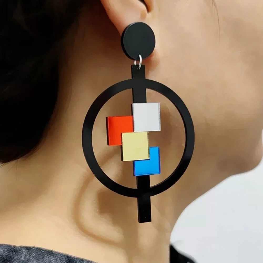 2/$30šµ Mirrored Acrylic Pop Art Earrings Geo Square Circle Color Block Mosaic - Picture 6 of 10